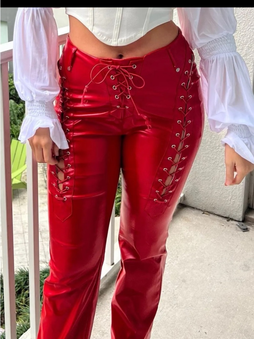 Red Lace-Up Faux Leather Pants